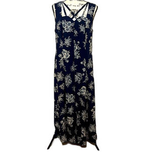 Jamie Brooke Y2K Maxi Dress Floral Sleeveless Lattice Detail Navy sz 14 Cottage
